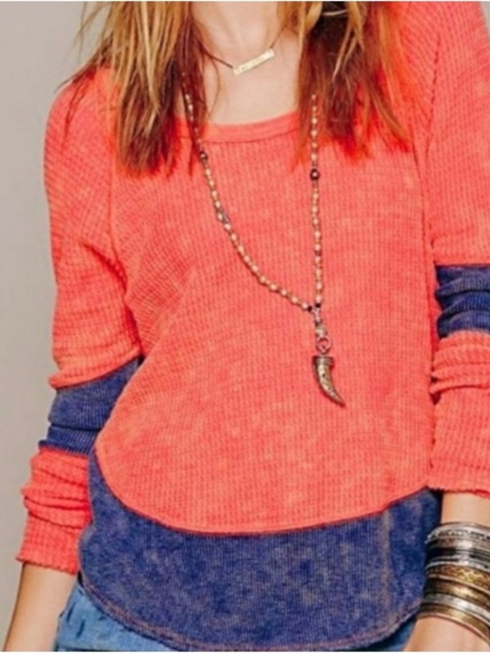 Free People Coral and Navy Long Sleeve Colorblock Thermal Top